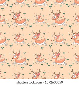 Seamless pattern with cute deer on orange background. vector illustration 