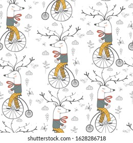 Seamless pattern with cute deer riding a bicycle. Hand drawn vector illustration.