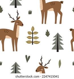 Patrón sin foco con adorables ciervos y elementos boscosos escandinavos. Ilustración vectorial aislada en fondo blanco para decoración de vivero y textil
