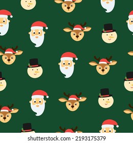 Seamless pattern of cute deer, snowman and santa claus on green background. Background for Christmas design. Vector illustration