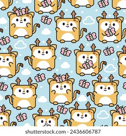 Seamless pattern of cute deer in square shape with butterfly and cloud on sky background.Nature.Wild animal character cartoon design.Clothing print screen.Baby graphic.Kawaii.Vector