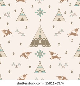 Seamless pattern with cute deer and Teepee, Tribal tent, aztec design. Cartoon Animals Woodland Background, Vector Illustration