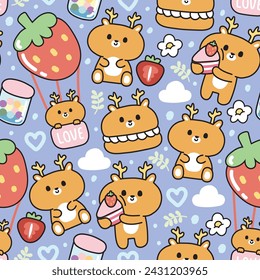 Seamless pattern of cute deer with tiny icon background.Wild animal character cartoon.Strawberry,cloud,heart,candy,leaf,flower hand drawn.Baby clothing.Kawaii.Vector.Illustration.