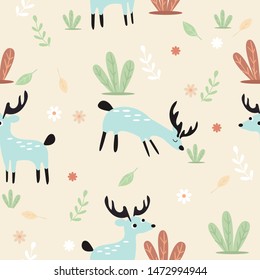 seamless pattern with cute deer in the woodlands vector