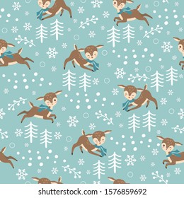 Seamless pattern with cute deers. Cartoon Animals Background, Vector Illustration 
