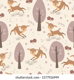 Seamless Pattern with Cute Deers. Cartoon Animals Background, Vector Illustration 