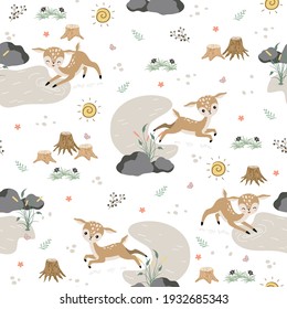 Seamless Pattern with Cute Deers. Cartoon Animals Background, Vector Illustration 
