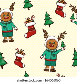 Seamless pattern with cute deers and christmas symbols
