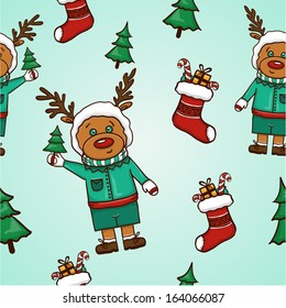 Seamless pattern with cute deers and christmas symbols