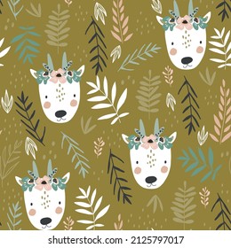 Seamless pattern with cute deers, floral elements. Creative woodland background. Perfect for kids apparel,fabric, textile, nursery decoration,wrapping paper.Vector Illustration