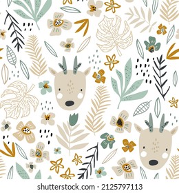 Seamless pattern with cute deers, floral elements. Perfect for kids apparel,fabric, textile, nursery decoration,wrapping paper.Vector Illustration