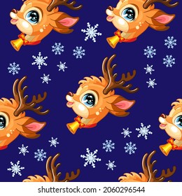 Seamless pattern with cute deers heads and snowflakes. Winter Christmas concept. Vector illustration isolated on blue background. For design, print, decor, wallpaper, linen, textile