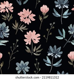 Seamless pattern with cute delicate pastel flowers in watercolor style isolated on white background.