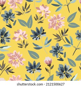 Seamless pattern with cute delicate pastel flowers in watercolor style isolated on white background.