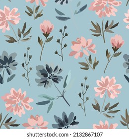 Seamless pattern with cute delicate pastel flowers in watercolor style isolated on white background.