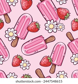 Seamless pattern of cute delicious sweet cool pink ice cream sticks, small white flowers and strawberries. Pattern for fabric and wrapping paper, Pattern for design wallpaper and fashion prints.