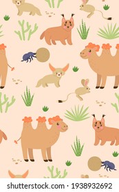 Seamless pattern with cute desert animals. Vector graphics.