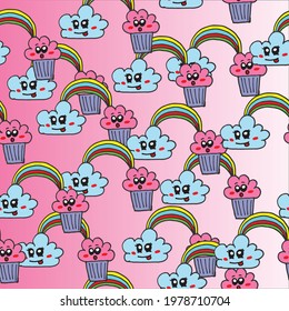 seamless pattern with cute design. cloud with cute expression and rainbow. hand drawn vector. doodle art for wallpaper, backdrop, fabric, textile, wrapping paper and gift. fantasy, dream for kids. 