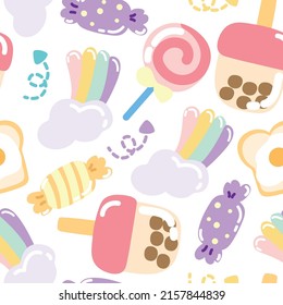 Seamless pattern of cute dessert on white background.Candy,bubble milk tea,bread,rainbow cartoon.Kawaii.Vector.Illustration.