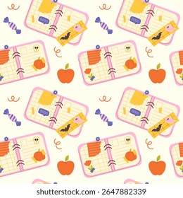 Seamless pattern with cute diaries with stickers, notes, and bookmarks
