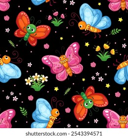 Seamless pattern with cute with different butterflies on a black background. Vector illustration with insect in cartoon style.