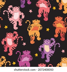 Seamless pattern cute different colored tigers at a party. Funny tigers dance among the stars on a black background. Festive illustration for New year, Christmas, birthday. Design for print, packaging