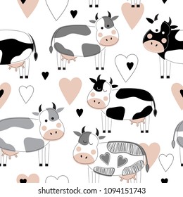 Seamless pattern with cute different cows and hearts. Vector illustration in the Scandinavian style. Suitable for postcards, posters, printing on textiles, packaging, decorating a children's room.