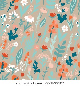 Seamless pattern with cute different flowers, hand drawn style vector illustration
