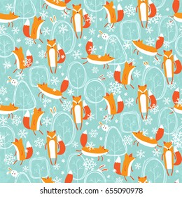 Seamless pattern with cute different foxes in a forest. Vector illustration