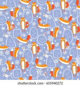 Seamless pattern with cute different foxes in a forest. Vector illustration