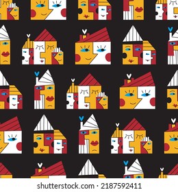 Seamless pattern with cute different houses on a black background. Simple funny buildings with faces. Vector cartoon flat childish illustration