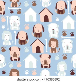Seamless pattern with cute different kinds of dogs. Vector illustration