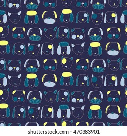 Seamless pattern with cute different kinds of dogs. Vector illustration