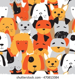 Seamless pattern with cute different kinds of dogs. Vector illustration