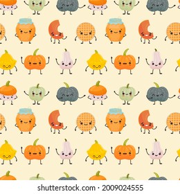 Seamless pattern with Cute different pumpkins kawaii character. Funny and happy pumpkins emoji. Vector illustration in cartoon flat style