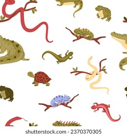 Seamless pattern with cute different reptiles flat style, vector illustration on white background. Decorative design for wrapping and packaging. Snake, turtle, iguana, lizard