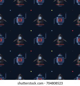 Seamless pattern with cute different robots. Vector illustration