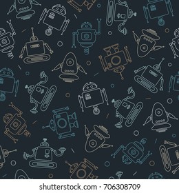 Seamless pattern with cute different robots. Vector illustration