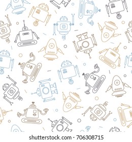 Seamless pattern with cute different robots. Vector illustration