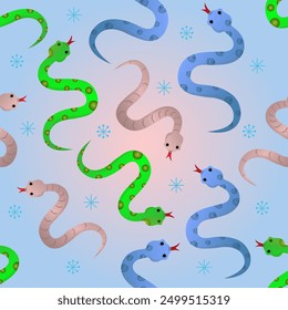 Seamless pattern with cute different snakes. Vector illustration in simple modern style, Bright animal pattern, Cheerful background with reptiles, Exotic print of jungle snakes, Children's cartoon orn