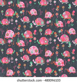 Seamless pattern with cute different turtles Vector illustration