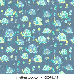 Seamless pattern with cute different turtles Vector illustration