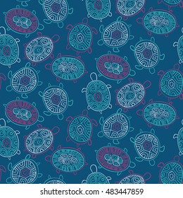 Seamless pattern with cute different turtles Vector illustration
