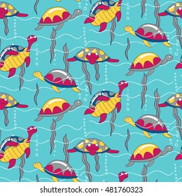 Seamless pattern with cute different underwater turtles Vector illustration