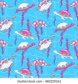 Seamless pattern with cute different underwater turtles Vector illustration