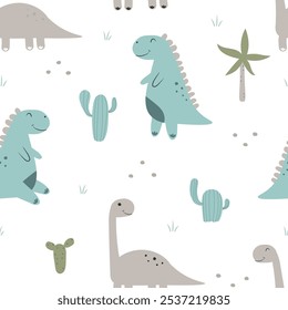 Seamless pattern with cute dino and cactus. T rex and apatosaurus. Kids texture for textile, fabric, apparel, wrapping, paper, stationery, nursery, baby product