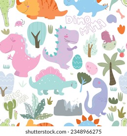 Seamless pattern with cute dino, eggs, plants: bush, tree, cactus. Words: Dino mama, cactus papa. Vector illustration.