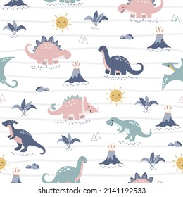 Seamless pattern Cute Dino Family, design for scrapbooking, decoration, cards, paper goods, background, wallpaper, wrapping, fabric and all your creative projects. Vector Illustration