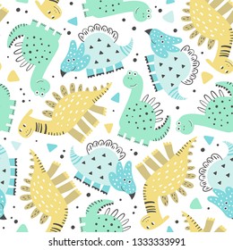 Seamless pattern with cute dino friends. Creative vector childish background for fabric, textile, nursery wallpaper. Vector Illustration.