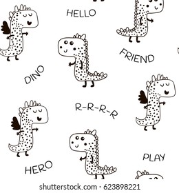 Seamless pattern with cute dino in scandinavian style. Creative vector childish background for fabric, textile